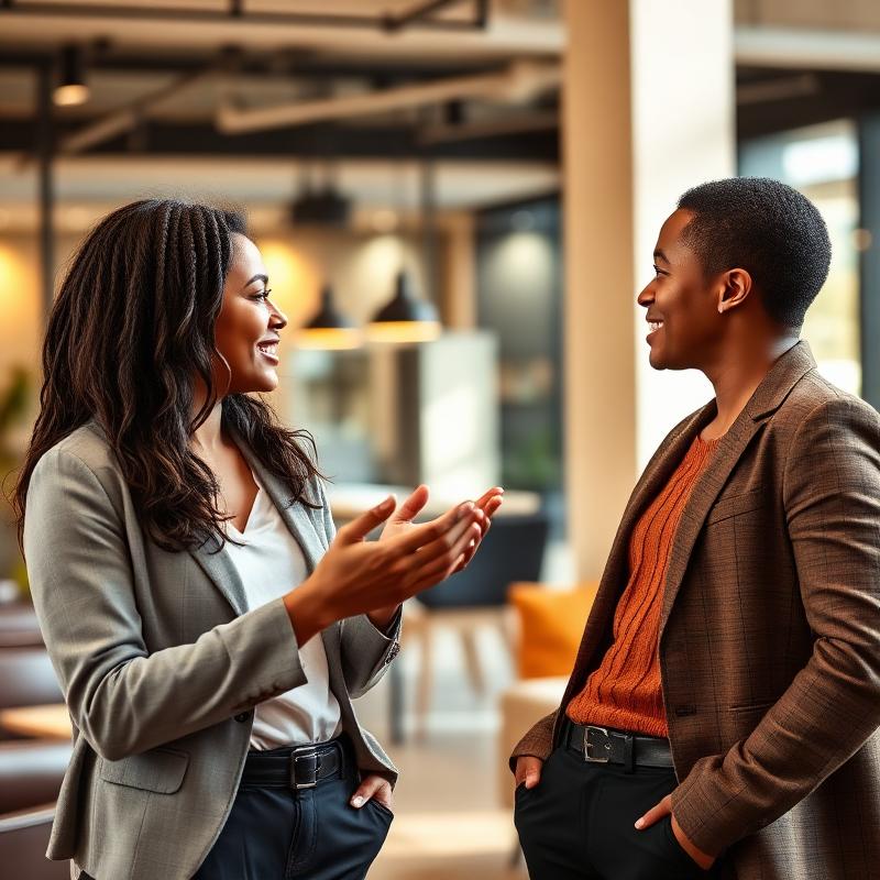 Two professionals in collaborative conversation